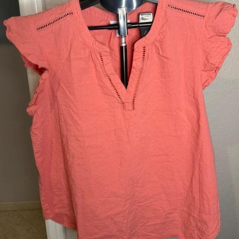 Liz Claiborne Coral Pink Flutter Sleeve Split V-Neck Top - Size L